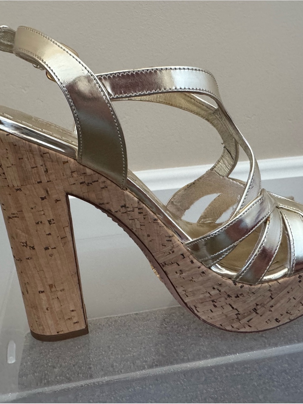 Prada Gold Leather Strappy Cork Platform Sandals